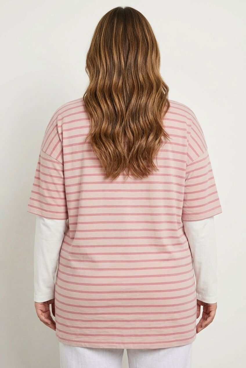 Plus Size Crew Neck Double Layered Striped Sleeve T-shirt