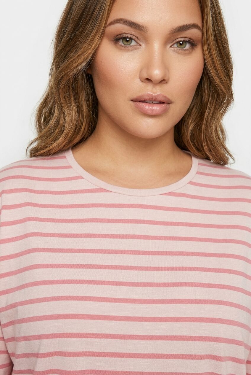 Plus Size Crew Neck Double Layered Striped Sleeve T-shirt