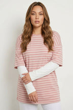 Plus Size Crew Neck Double Layered Striped Sleeve T-shirt