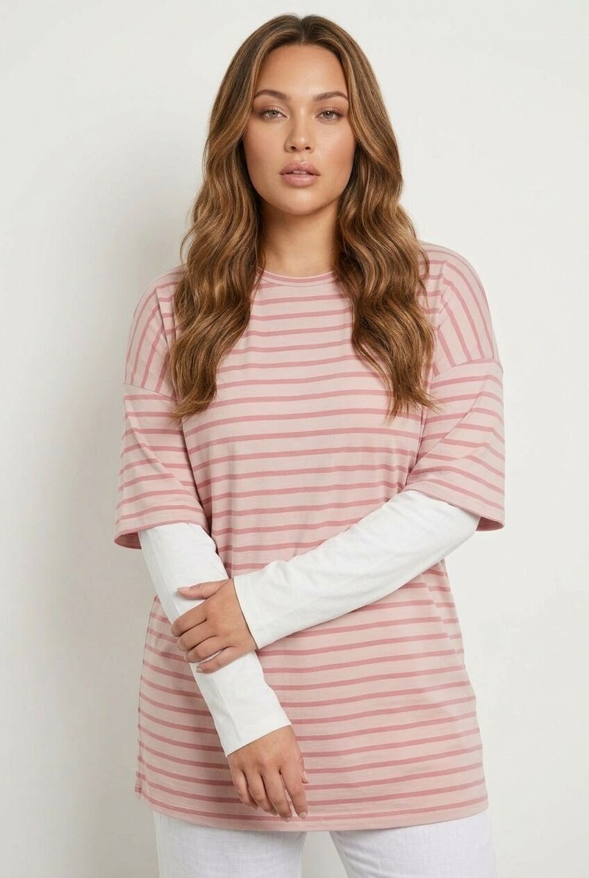 Plus Size Crew Neck Double Layered Striped Sleeve T-shirt