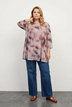Plus Size Crew Neck Patterned Long Sleeve Tulle Blouse