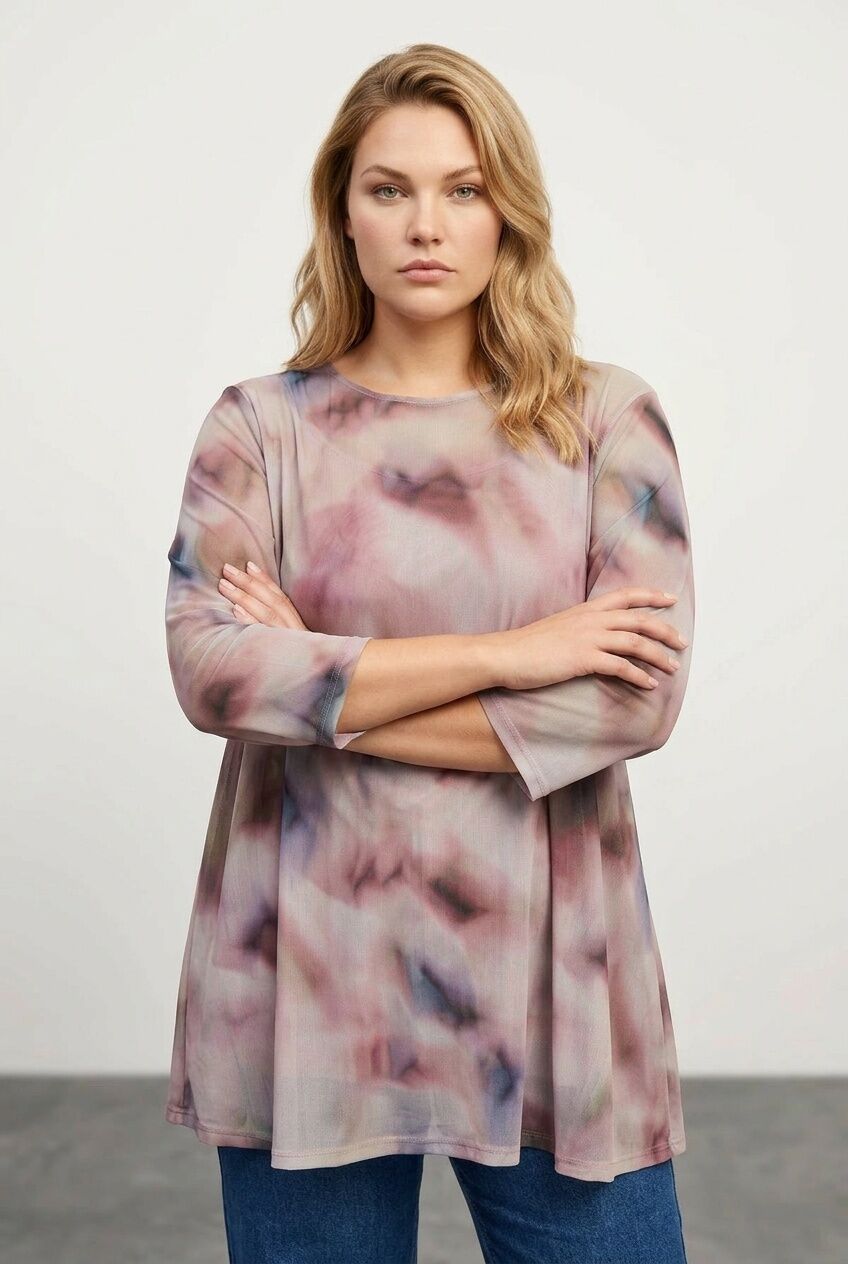 Plus Size Crew Neck Patterned Long Sleeve Tulle Blouse