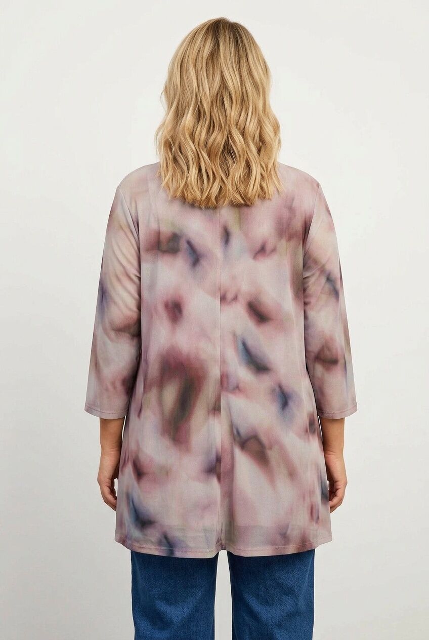 Plus Size Crew Neck Patterned Long Sleeve Tulle Blouse