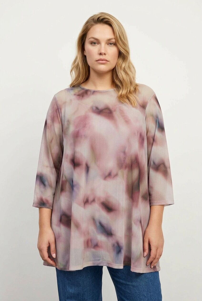 Plus Size Crew Neck Patterned Long Sleeve Tulle Blouse