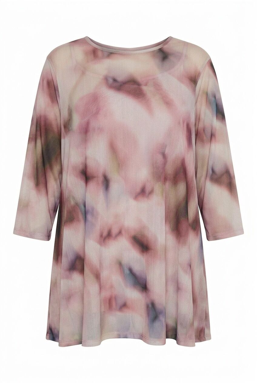 Plus Size Crew Neck Patterned Long Sleeve Tulle Blouse
