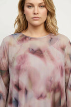 Plus Size Crew Neck Patterned Long Sleeve Tulle Blouse