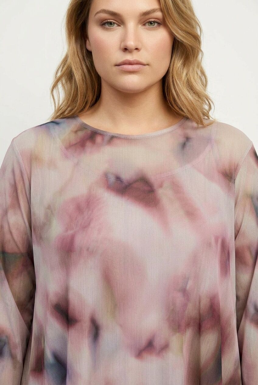 Plus Size Crew Neck Patterned Long Sleeve Tulle Blouse