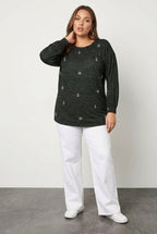 Plus Size Crew Neck Stone Detailed Long Sleeve Blouse