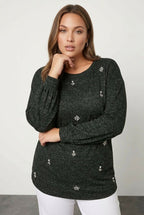 Plus Size Crew Neck Stone Detailed Long Sleeve Blouse