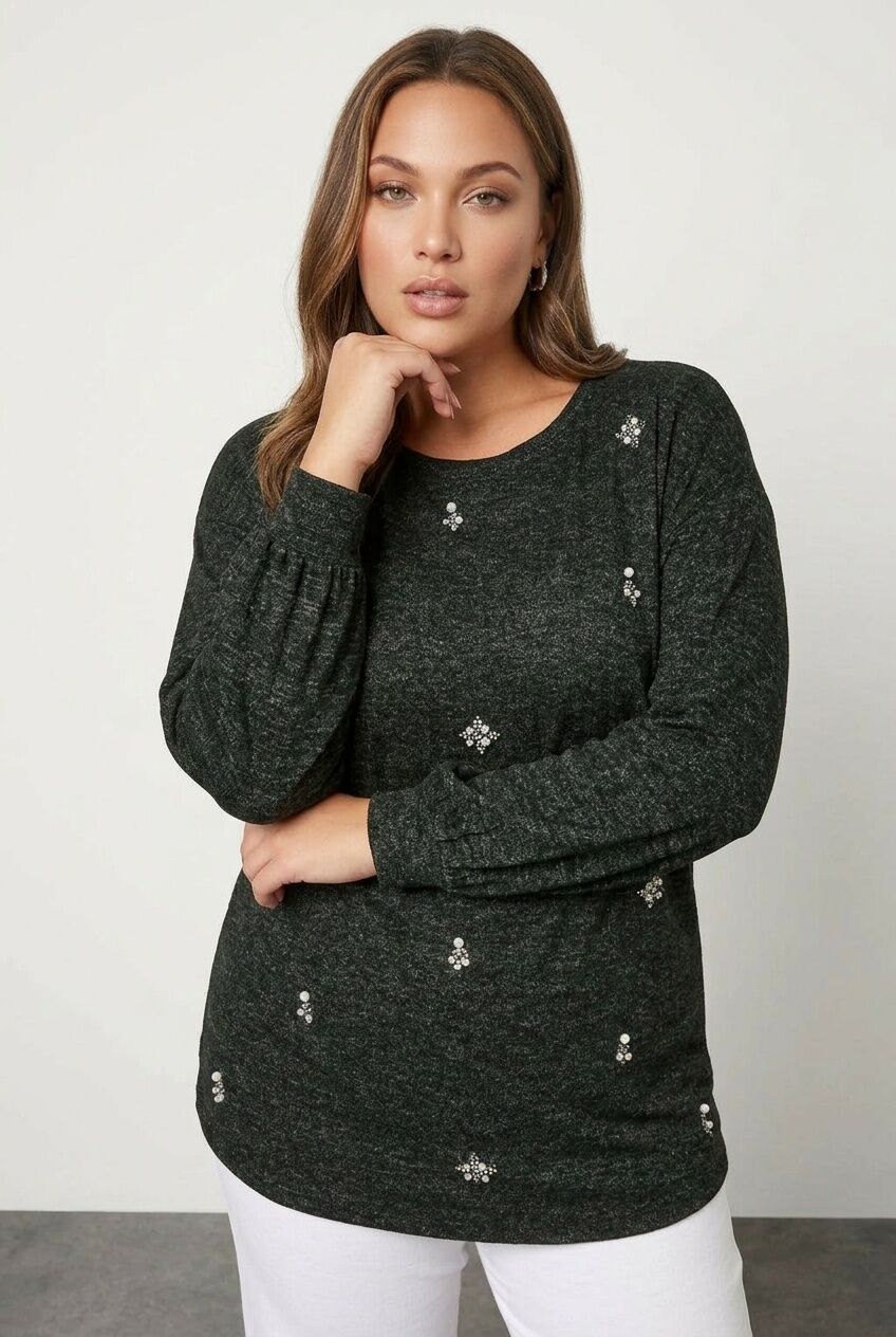 Plus Size Crew Neck Stone Detailed Long Sleeve Blouse