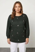 Plus Size Crew Neck Stone Detailed Long Sleeve Blouse
