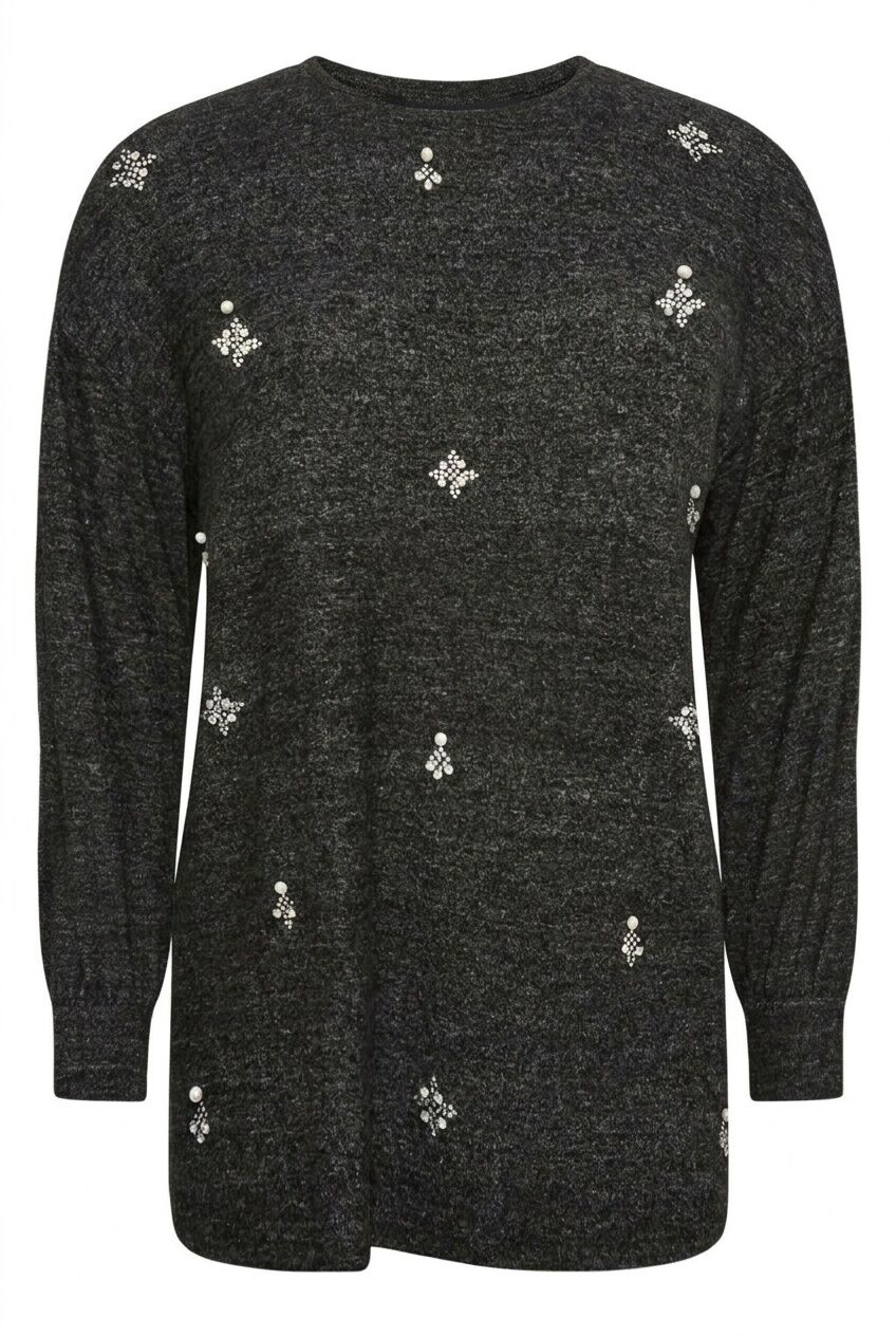 Plus Size Crew Neck Stone Detailed Long Sleeve Blouse