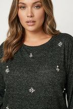 Plus Size Crew Neck Stone Detailed Long Sleeve Blouse