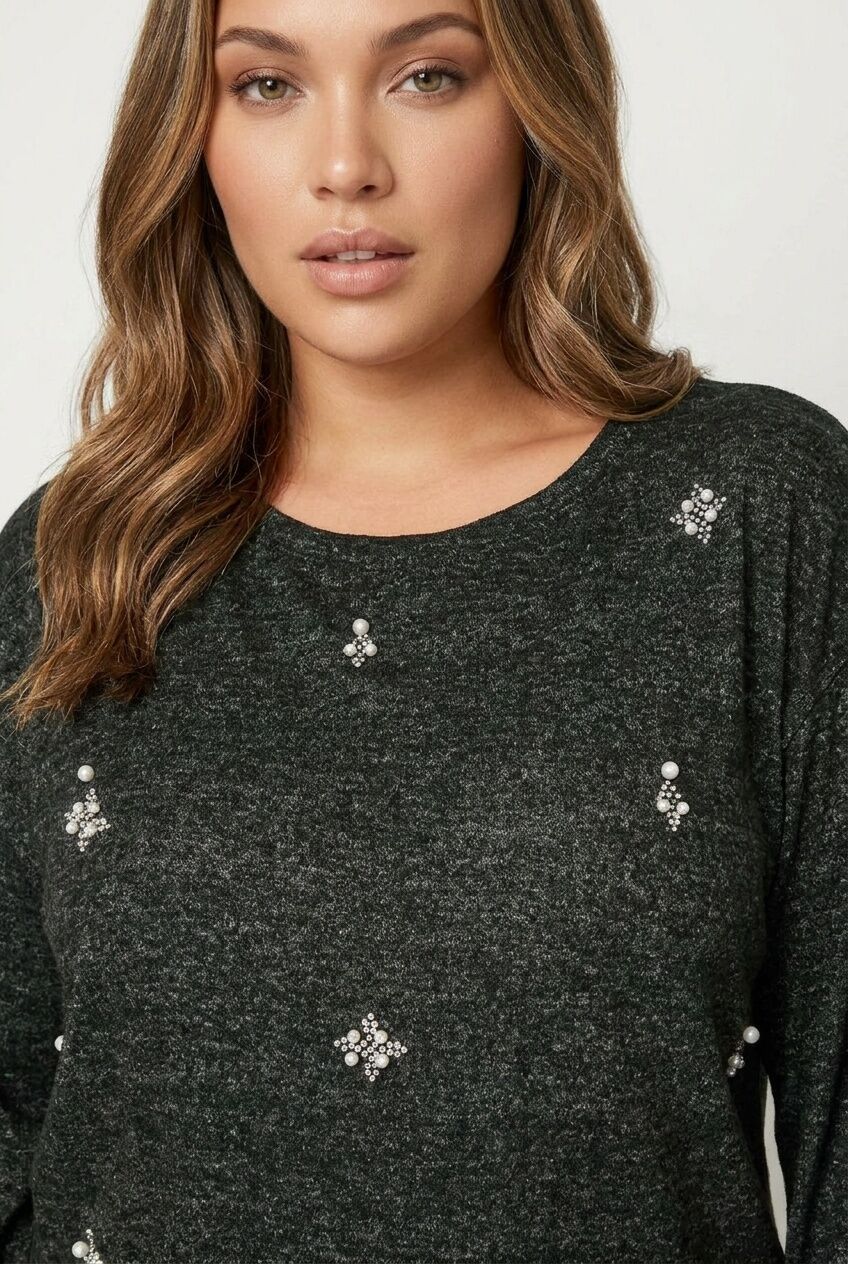 Plus Size Crew Neck Stone Detailed Long Sleeve Blouse
