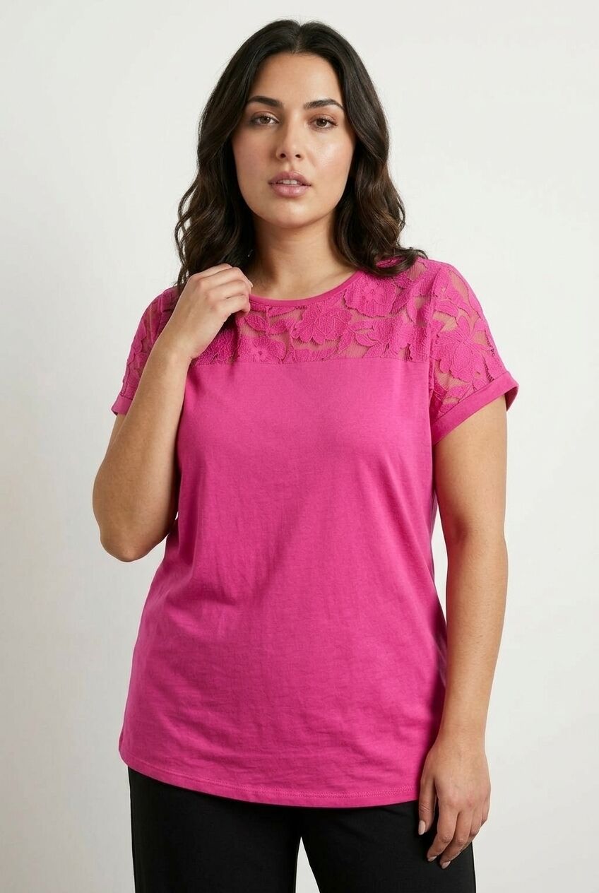 Plus Size Crew Neck Tulle Detailed Short Sleeve T-shirt