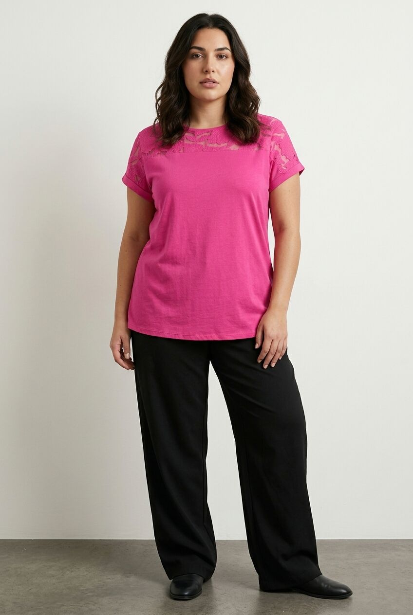 Plus Size Crew Neck Tulle Detailed Short Sleeve T-shirt