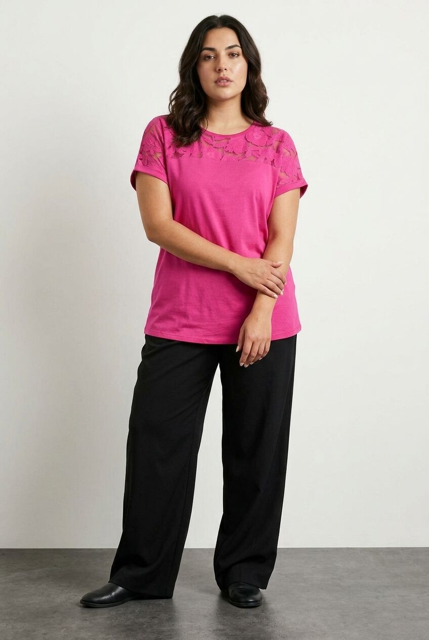 Plus Size Crew Neck Tulle Detailed Short Sleeve T-shirt