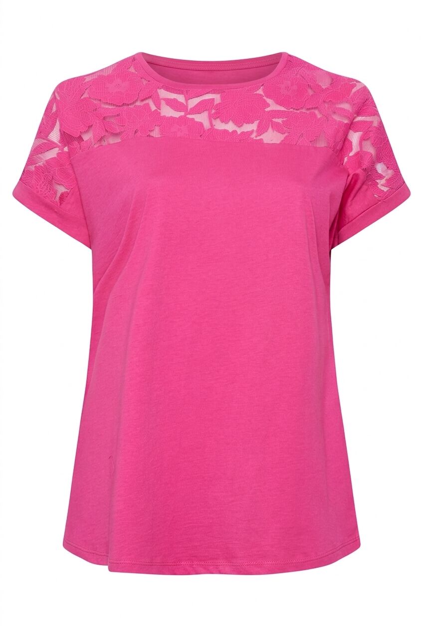 Plus Size Crew Neck Tulle Detailed Short Sleeve T-shirt