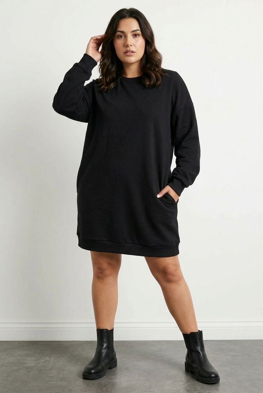 Plus Size Crew Neck Long Sleeve Short Sweat Dress