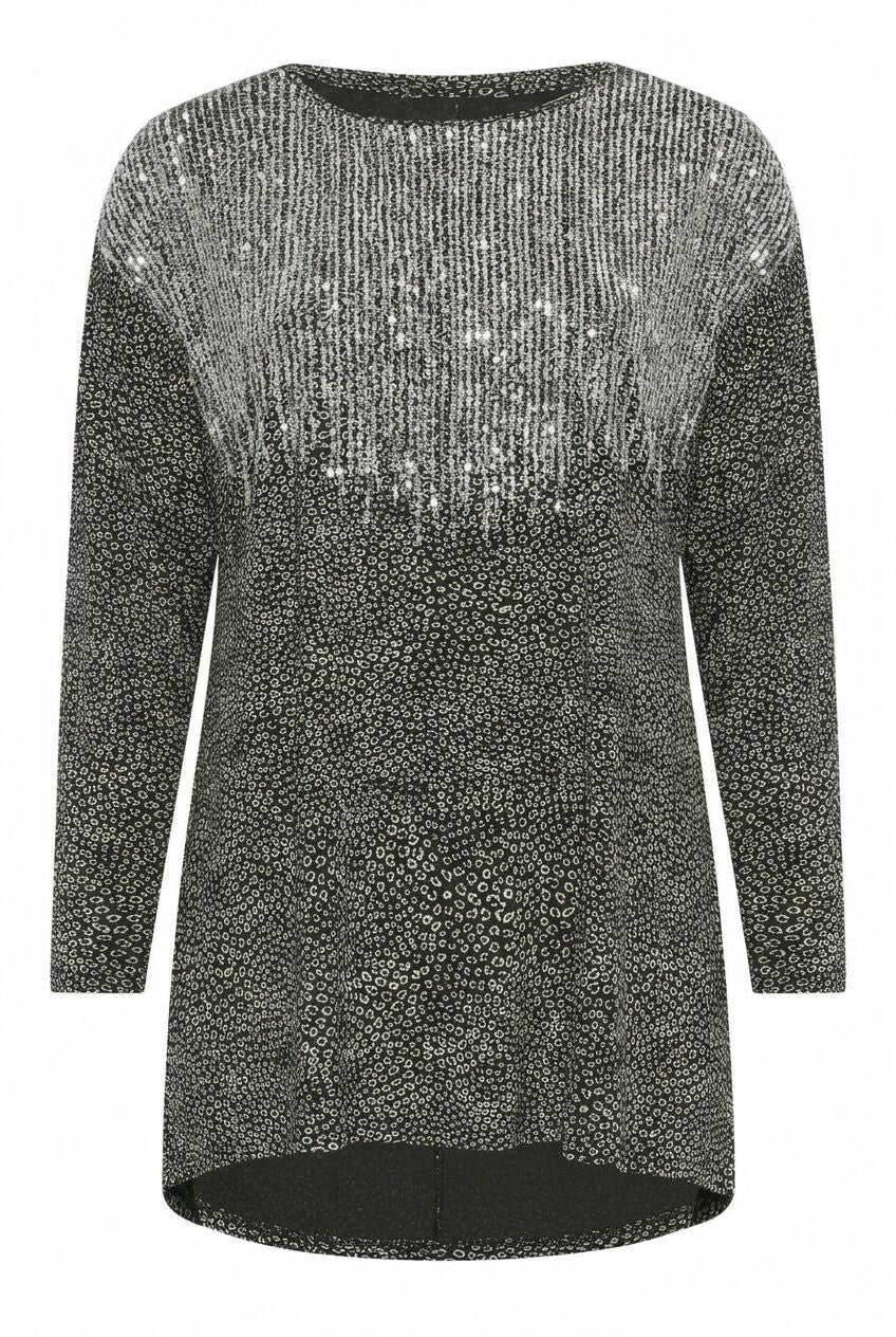 Plus Size Crew Neck Long Sleeve Sequin Embellished Blouse