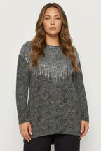 Plus Size Crew Neck Long Sleeve Sequin Embellished Blouse