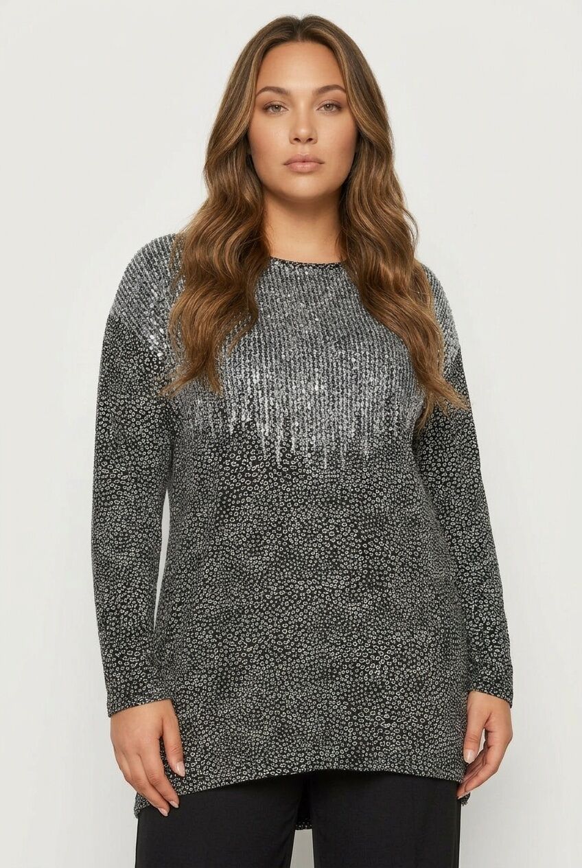 Plus Size Crew Neck Long Sleeve Sequin Embellished Blouse