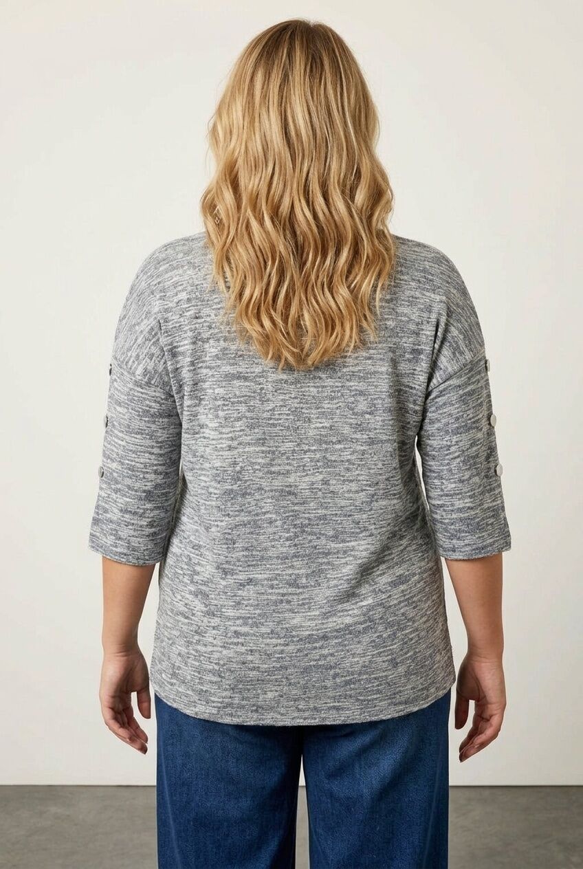 Plus Size Crew Neck 3/4 Sleeve Button Detailed Blouse