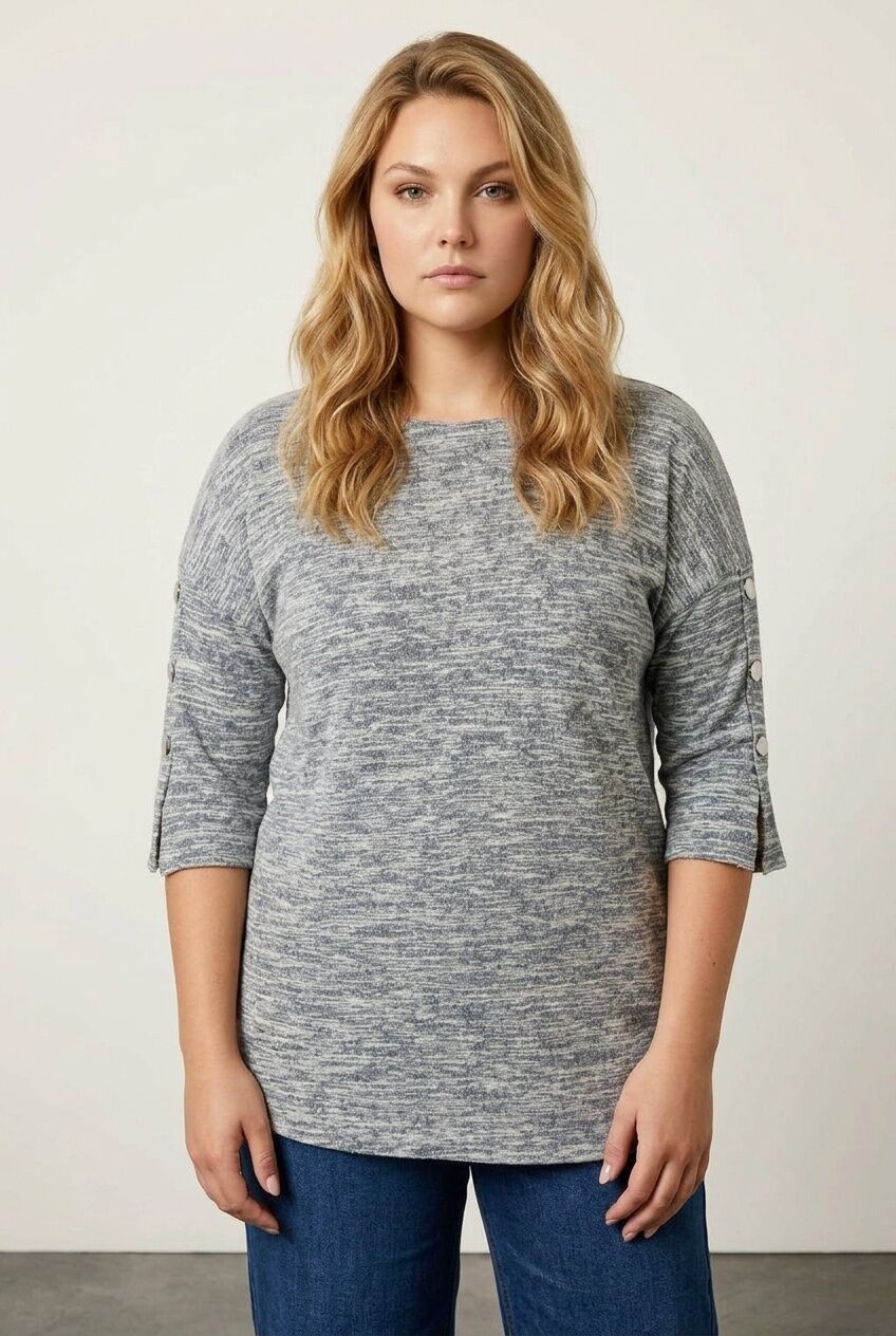Plus Size Crew Neck 3/4 Sleeve Button Detailed Blouse