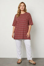 Plus Size Crew Neck Half Sleeve Striped T-shirt with Slit Detail