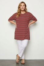 Plus Size Crew Neck Half Sleeve Striped T-shirt with Slit Detail