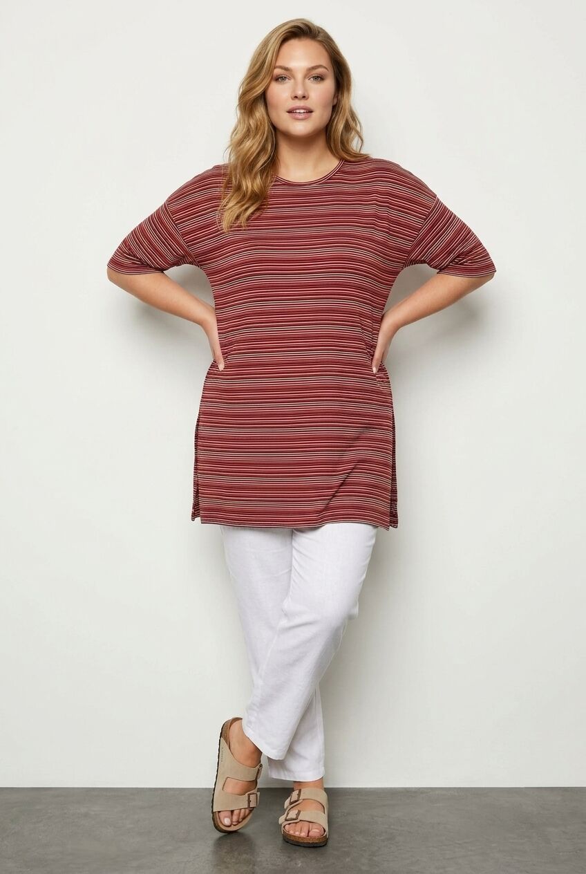 Plus Size Crew Neck Half Sleeve Striped T-shirt with Slit Detail