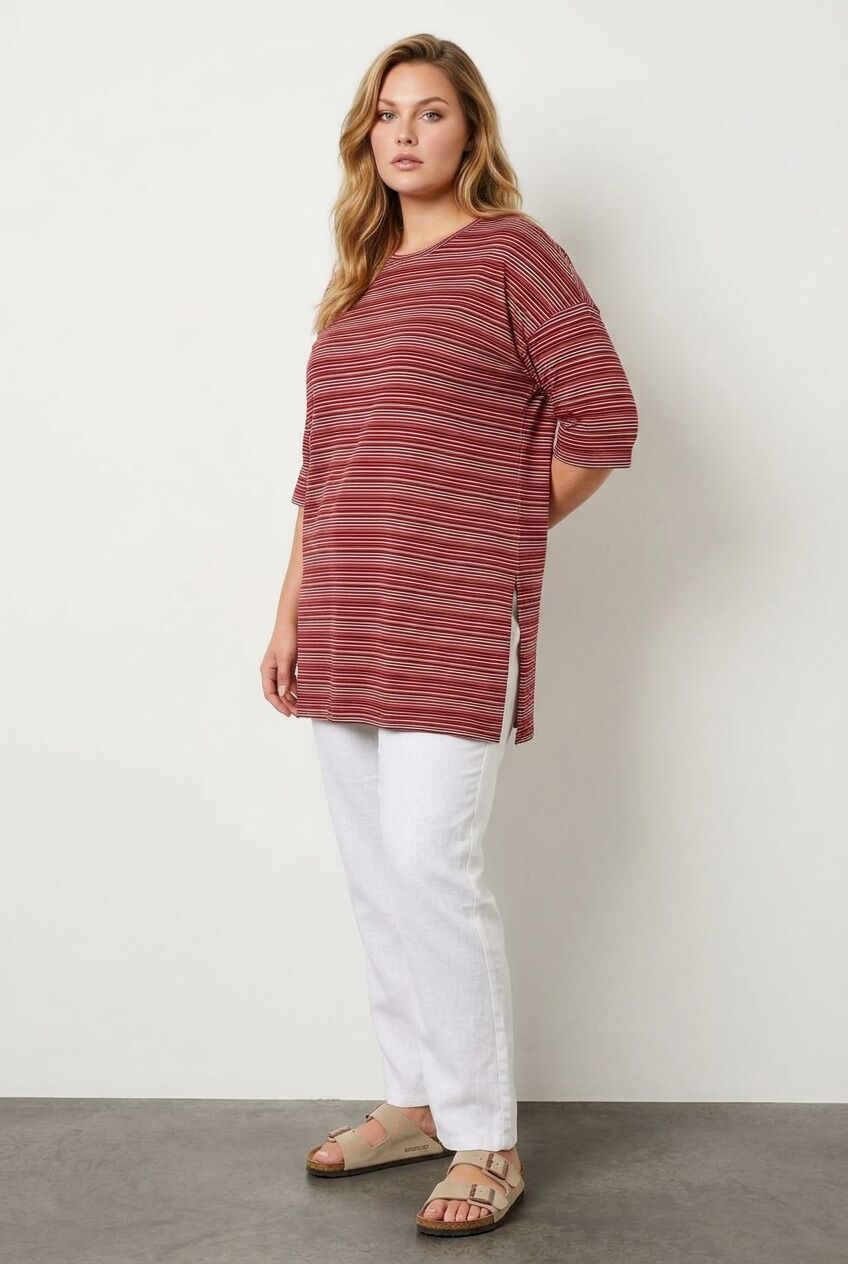 Plus Size Crew Neck Half Sleeve Striped T-shirt with Slit Detail