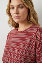 Plus Size Crew Neck Half Sleeve Striped T-shirt with Slit Detail