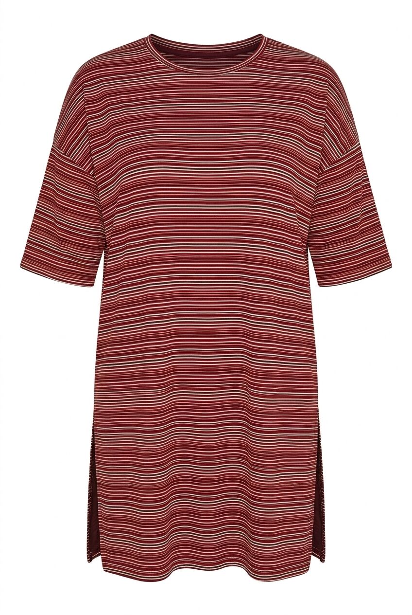 Plus Size Crew Neck Half Sleeve Striped T-shirt with Slit Detail