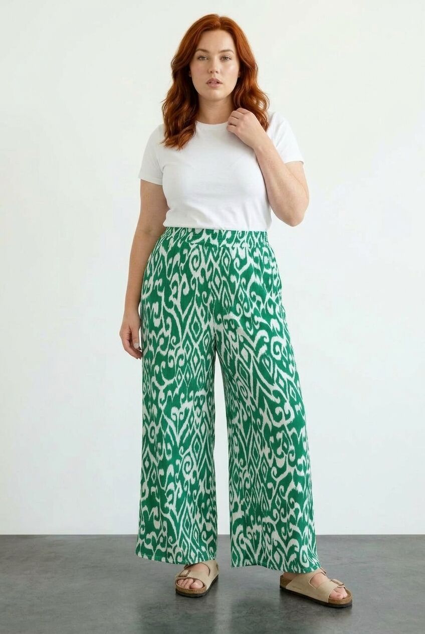 Plus Size Elastic Waist Wide Leg Patterned Pocketed Pants