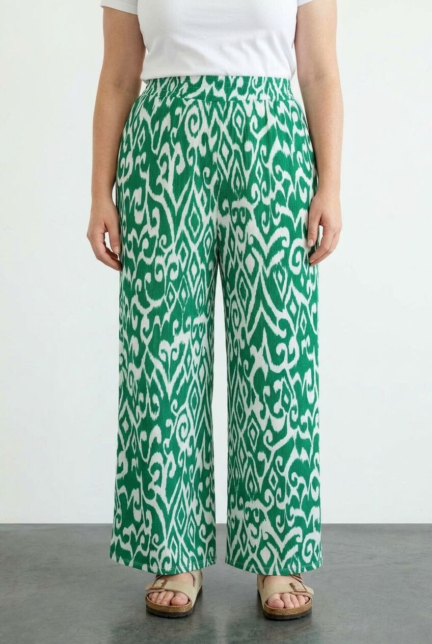 Plus Size Elastic Waist Wide Leg Patterned Pocketed Pants