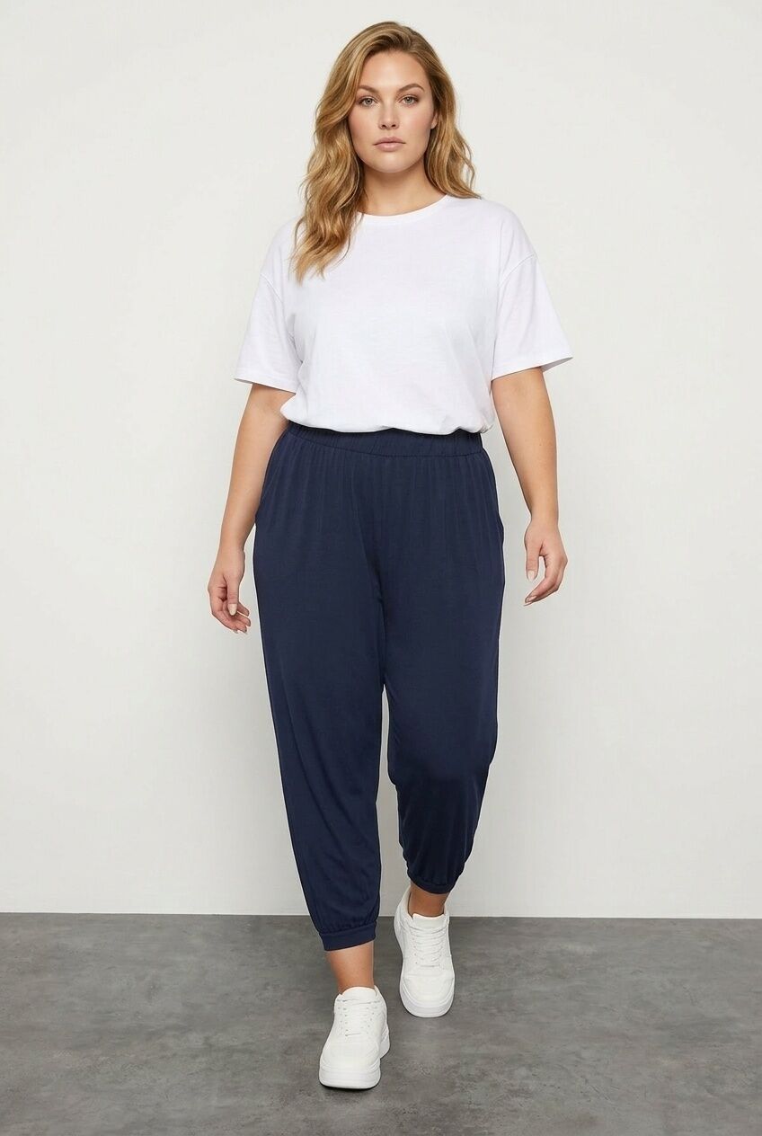 Plus Size Carrot Fit Pants with Elasticated Waist and Cuffs, and Pockets