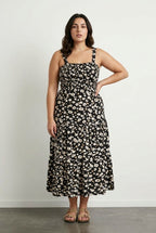Plus Size Floral Patterned Thick Strapped Elastic Waist Dress