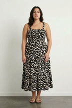 Plus Size Floral Patterned Thick Strapped Elastic Waist Dress