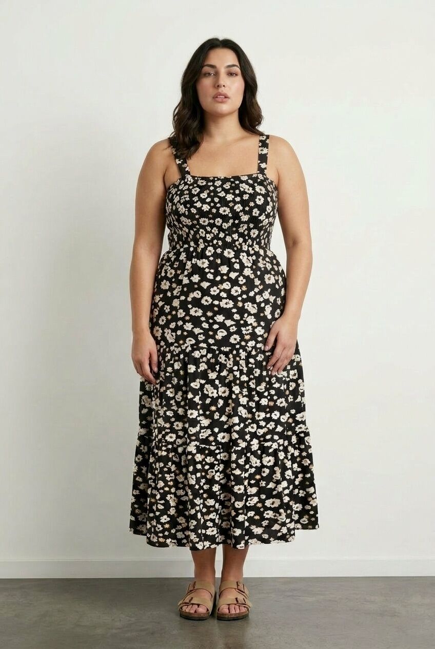 Plus Size Floral Patterned Thick Strapped Elastic Waist Dress