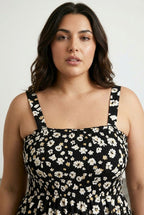 Plus Size Floral Patterned Thick Strapped Elastic Waist Dress