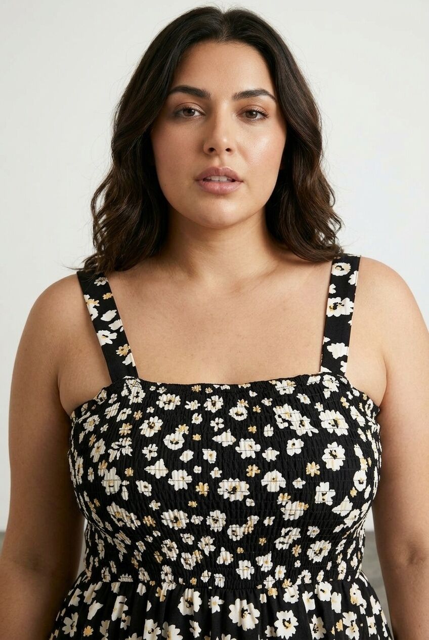 Plus Size Floral Patterned Thick Strapped Elastic Waist Dress