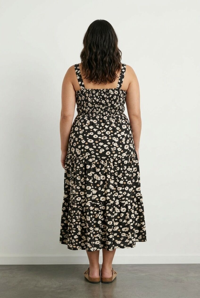 Plus Size Floral Patterned Thick Strapped Elastic Waist Dress