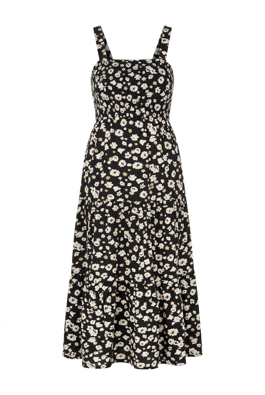 Plus Size Floral Patterned Thick Strapped Elastic Waist Dress