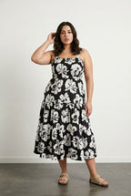 Plus Size Floral Print Thick Strapped Elastic Waist Dress