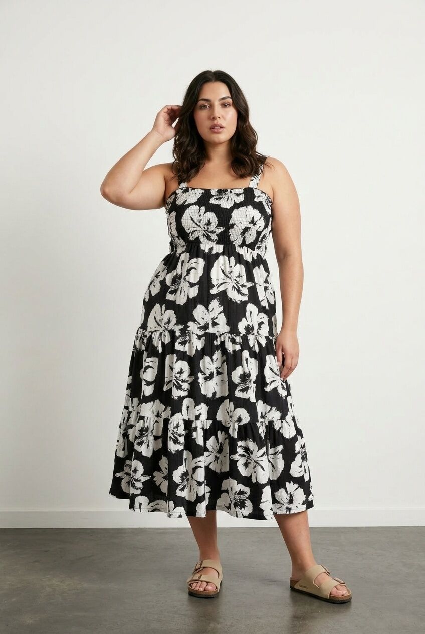 Plus Size Floral Print Thick Strapped Elastic Waist Dress