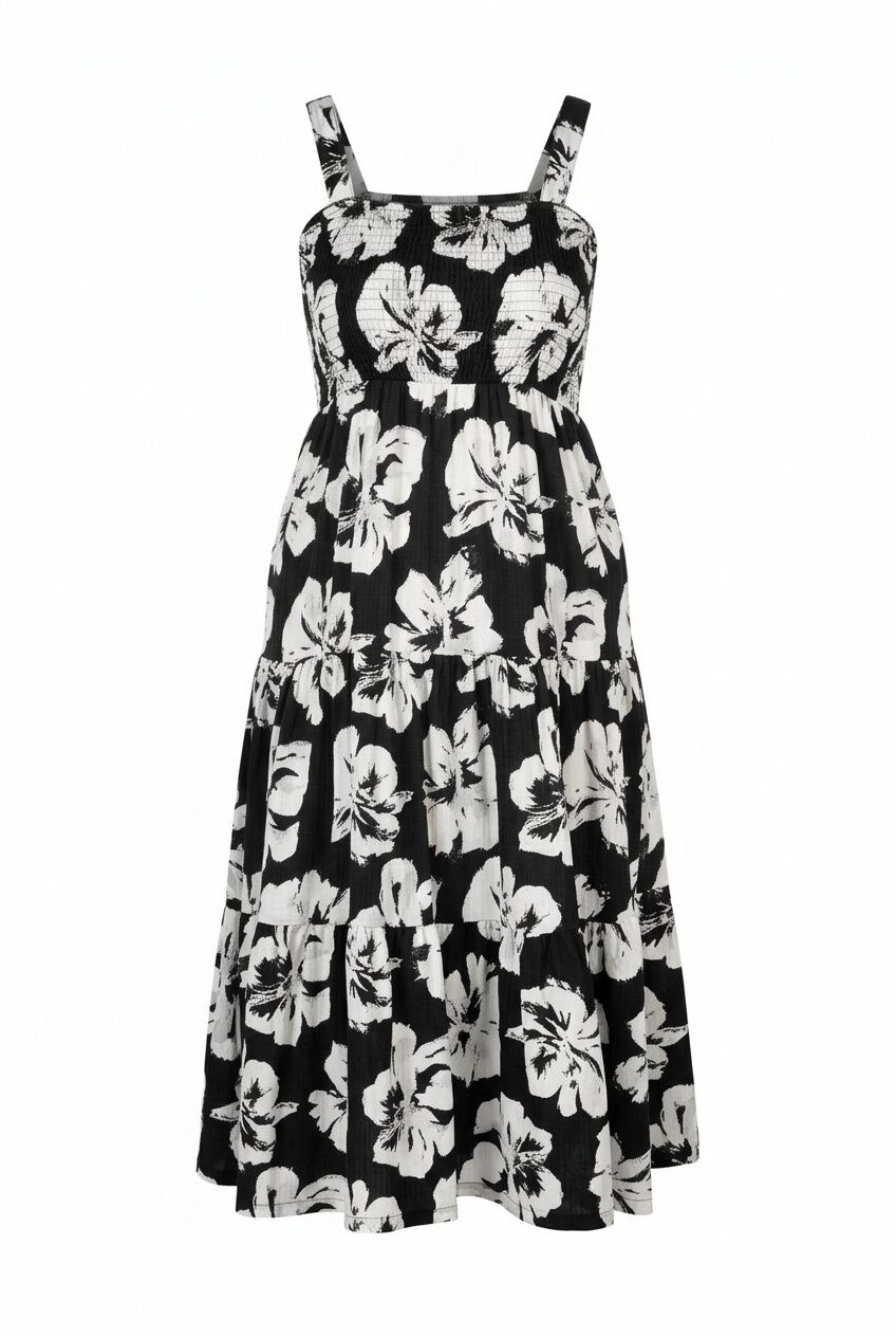 Plus Size Floral Print Thick Strapped Elastic Waist Dress