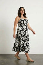 Plus Size Floral Print Thick Strapped Elastic Waist Dress