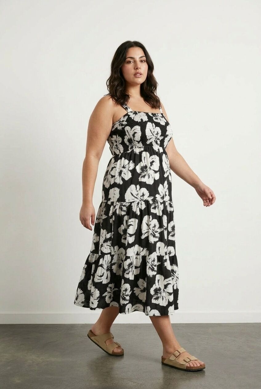 Plus Size Floral Print Thick Strapped Elastic Waist Dress