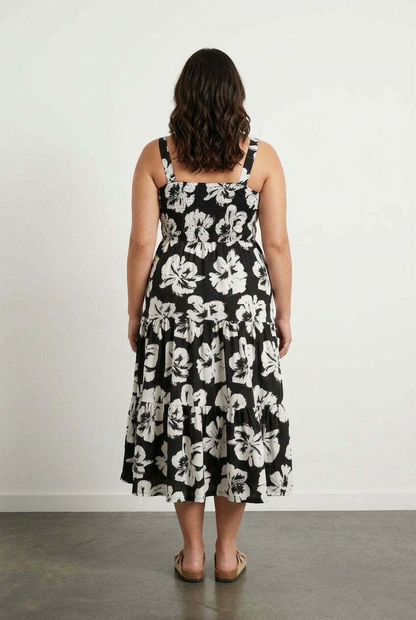 Plus Size Floral Print Thick Strapped Elastic Waist Dress